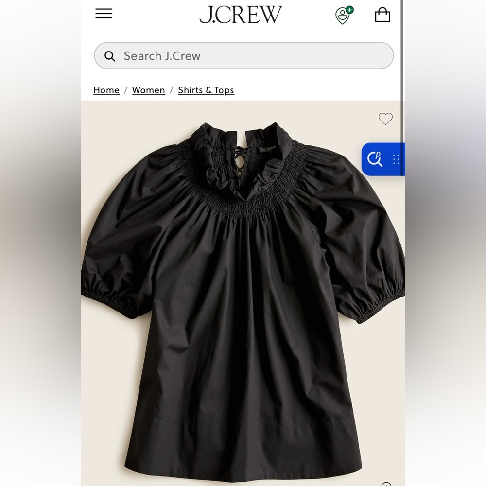J. Crew Black Smocked Neck puff-sleeve cotton poplin top
